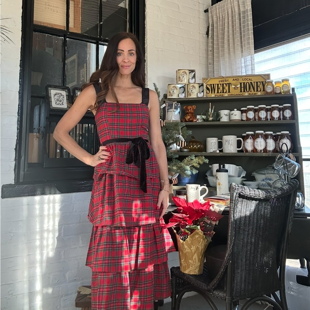 SUGARLIPS ELEGANCE DEFINED 100% COTTON RED PLAID TIERED MIDI DRESS - Picture 15 of 17